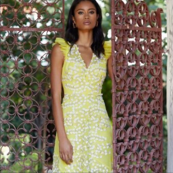 BCBG BCBGMAXAZRIA WOMEN'S EMBROIDERED TULLE RUFFLE DRESS IN AURORA Yellow Gown - Picture 6 of 8